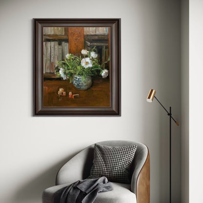 Original Floral Still Life Oil Painting – White Flowers and Bookshelf Interior Art