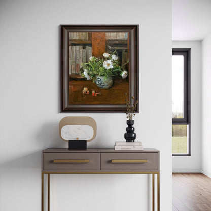 Original Floral Still Life Oil Painting – White Flowers and Bookshelf Interior Art