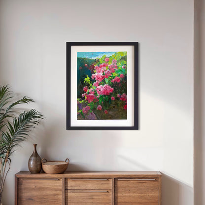 Original Framed Garden Floral Oil Painting – Pink Flower Landscape Wall Art