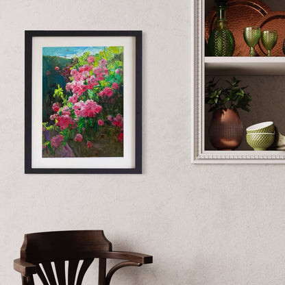 Original Framed Garden Floral Oil Painting – Pink Flower Landscape Wall Art