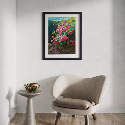 Original Framed Garden Floral Oil Painting – Pink Flower Landscape Wall Art