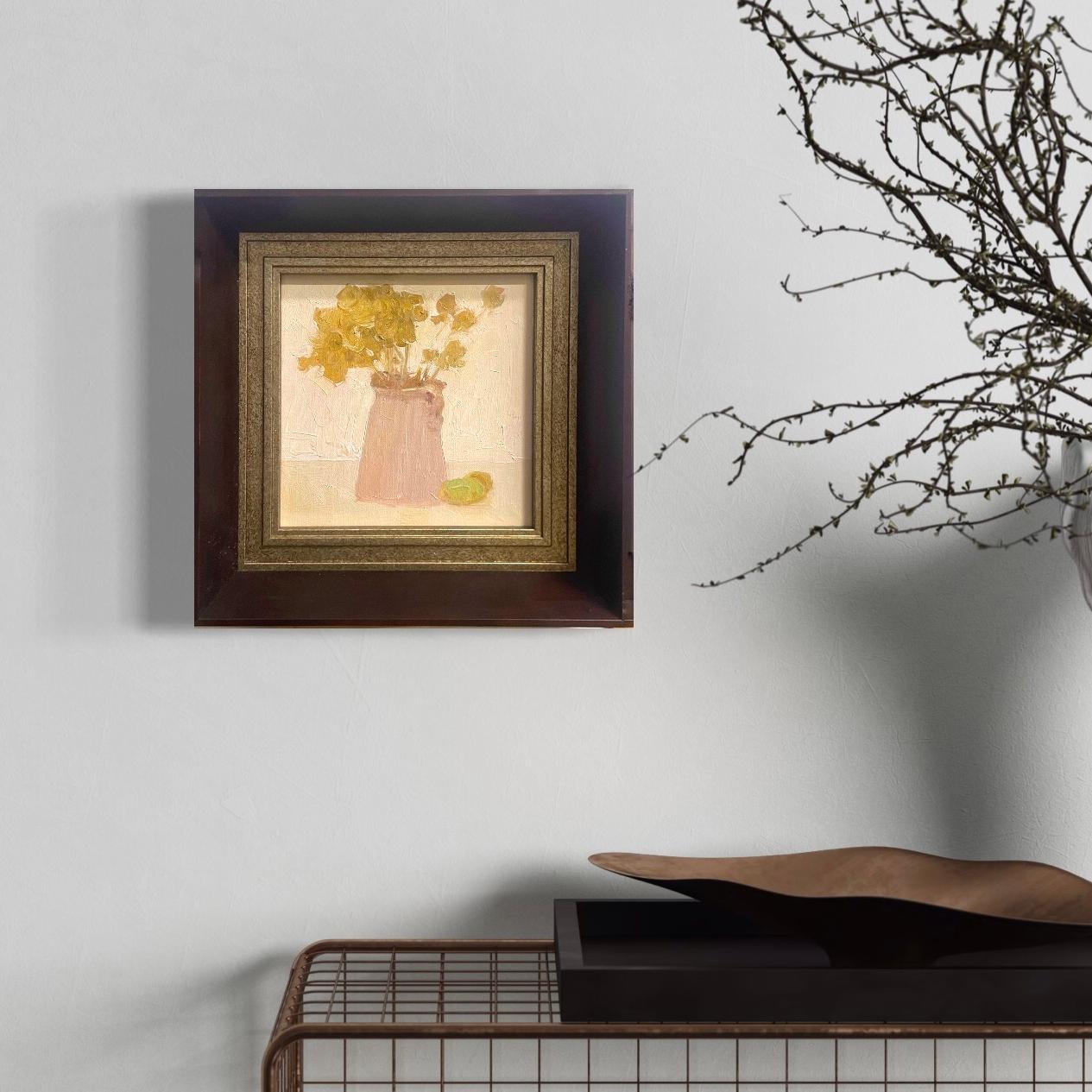Small Floral Oil Painting (Framed) – Yellow Flowers in Pink Vase Original Art