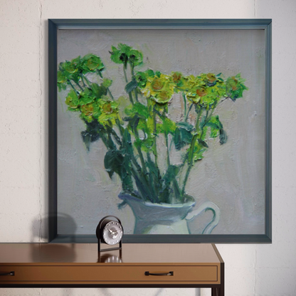 Green Wildflowers in White Pitcher | Original Oil Painting