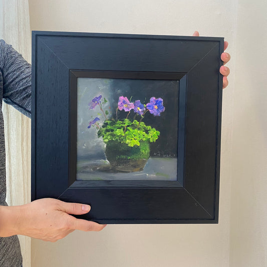 Purple Flowers in a Green Pot – Original Flower Oil Painting for Interior Decor