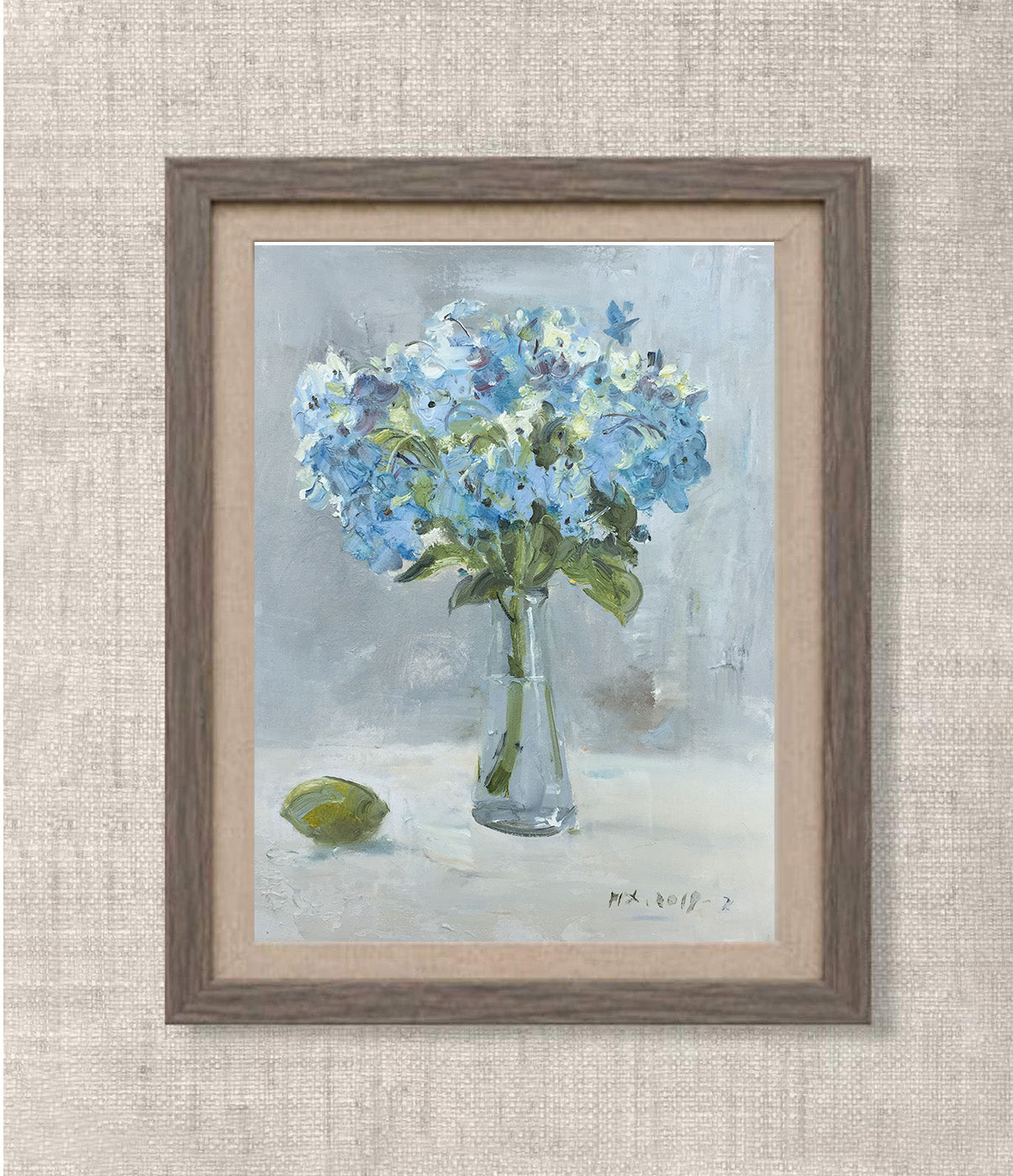 Original Blue Hydrangea Still Life Oil Painting – Floral Vase Wall Art