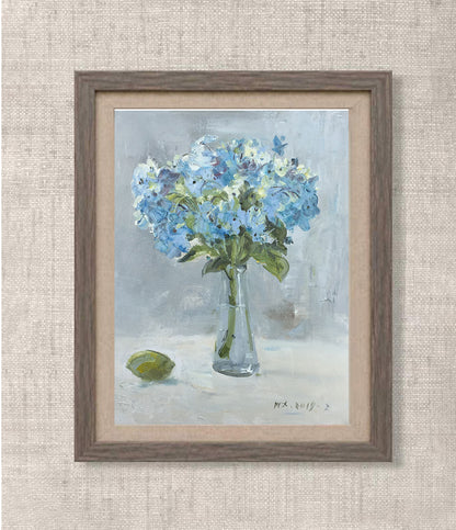 Original Blue Hydrangea Still Life Oil Painting – Floral Vase Wall Art