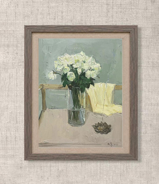 Interior Still Life with White Roses | Original Oil Painting