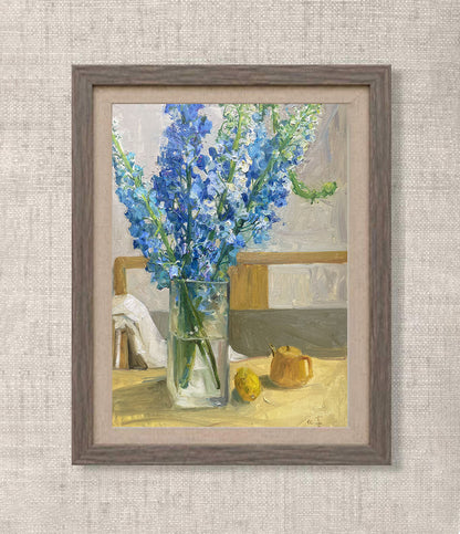 Still Life with Blue Flowers and Glass Vase | Original Oil Painting