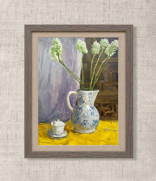 Original Still Life Oil Painting with White Hyacinths and Blue Ceramic Pitcher