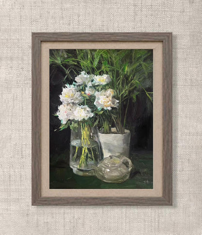 Original Floral Still Life Oil Painting with White Roses and Glass Vase