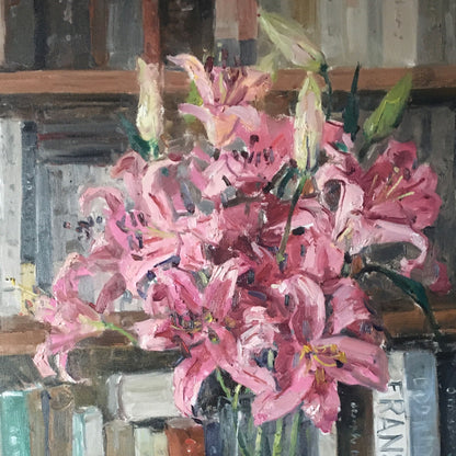 Original Pink Lily Still Life Oil Painting – Floral Vase Interior Wall Art