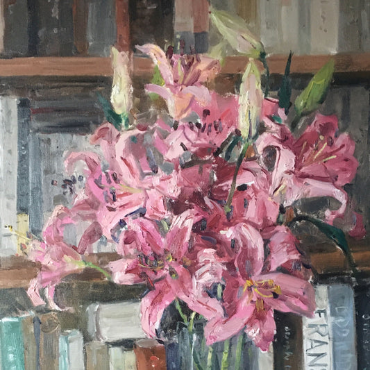 Original Pink Lily Still Life Oil Painting – Floral Vase Interior Wall Art
