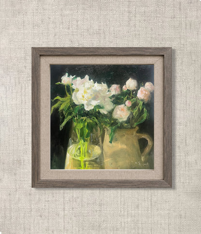 Original Still Life Oil Painting with White Peonies and Glass Vase
