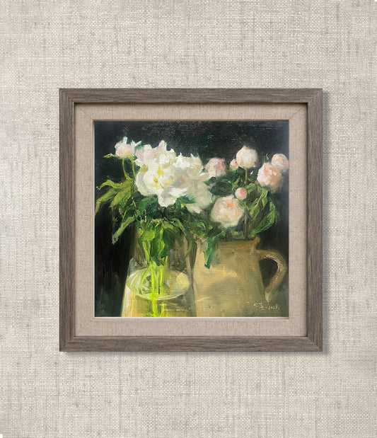 Original Still Life Oil Painting with White Peonies and Glass Vase