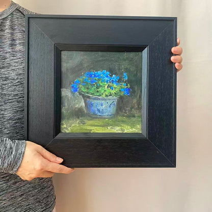 Blue Flowers in a Ceramic Pot – Original Floral Oil Painting