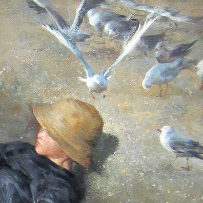 Boy on the Beach with Seagulls | Original Figurative Oil Painting