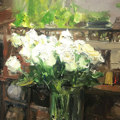 Interior Still Life with White Flowers | Original Oil Painting