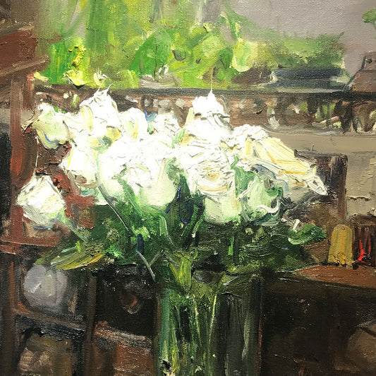 Interior Still Life with White Flowers | Original Oil Painting
