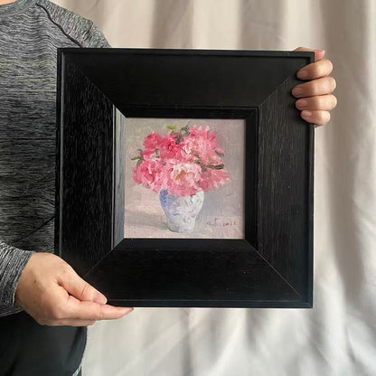 Pink Flowers in a Blue Vase – Original Flower Oil Painting for Home Decor