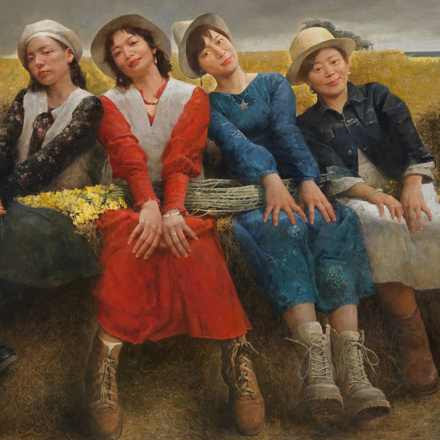 Original Figurative Group Oil Painting – Women in Landscape Wall Art