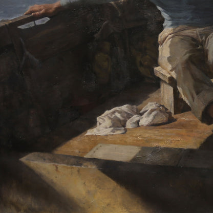 Seated Man in a Boat Cabin | Original Figurative Oil Painting