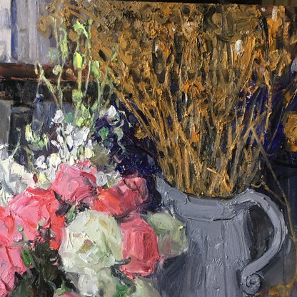 Pink and White Flowers with Gray Pitcher | Original Floral Still Life Oil Painting