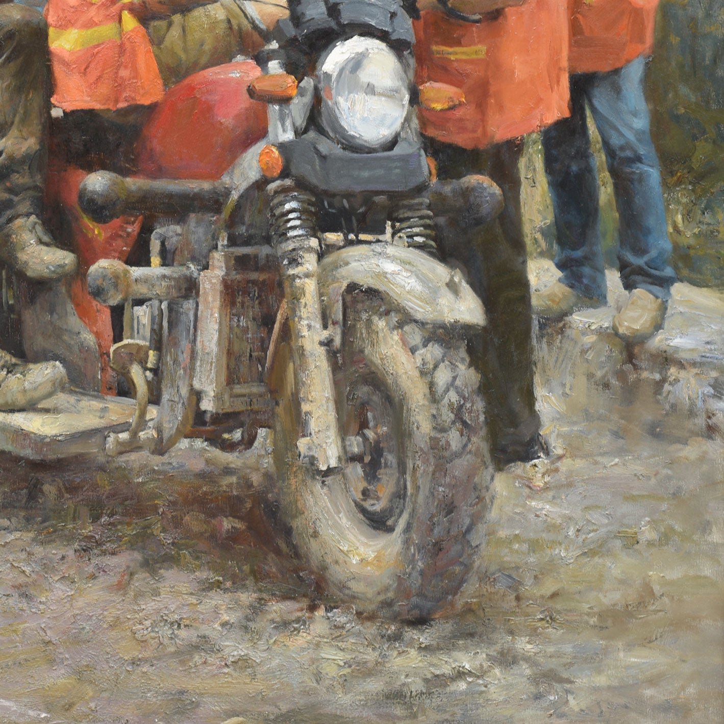 Original Figurative Oil Painting – Workers and Motorcycle Scene Wall Art