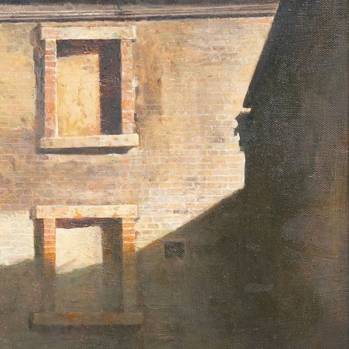 Original Oil Painting of Sunlit Building – Architectural Light and Shadow Wall Art
