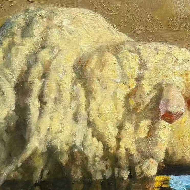 Original Oil Painting of Sheep Drinking Water – Pastoral Animal Wall Art