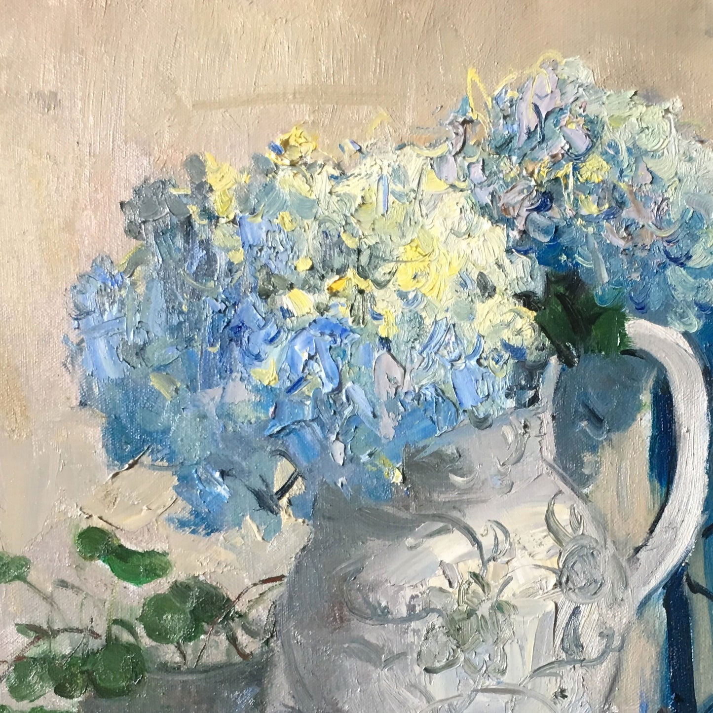 Blue Hydrangeas with Blue Lantern | Original Floral Still Life Oil Painting