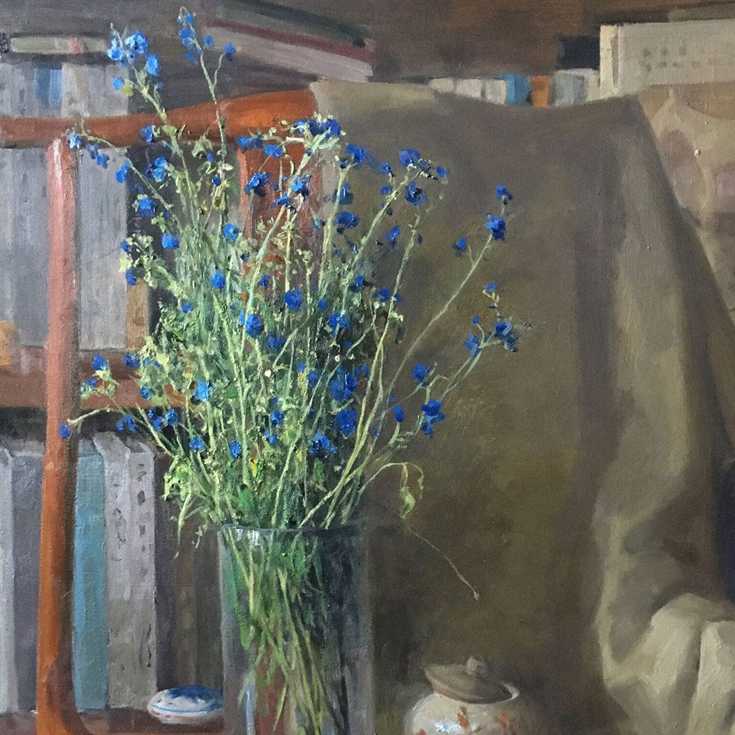 Blue Wildflowers in Studio Setting | Original Oil Painting