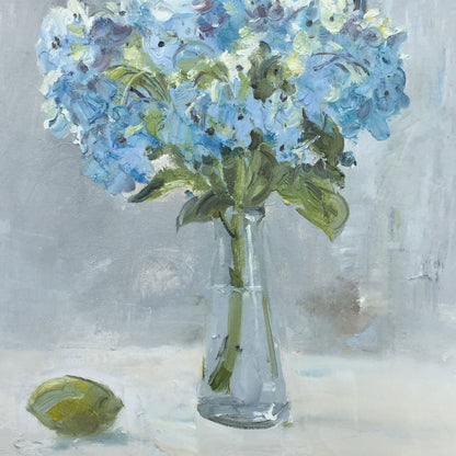 Original Blue Hydrangea Still Life Oil Painting – Floral Vase Wall Art