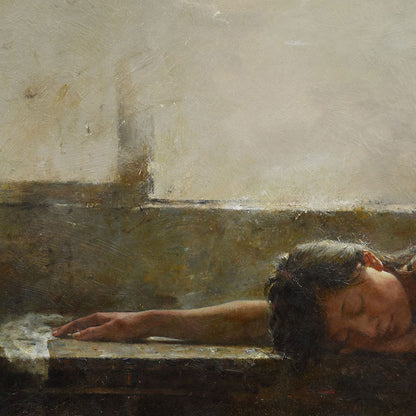 Original Figurative Oil Painting – Resting Woman in Soft Light