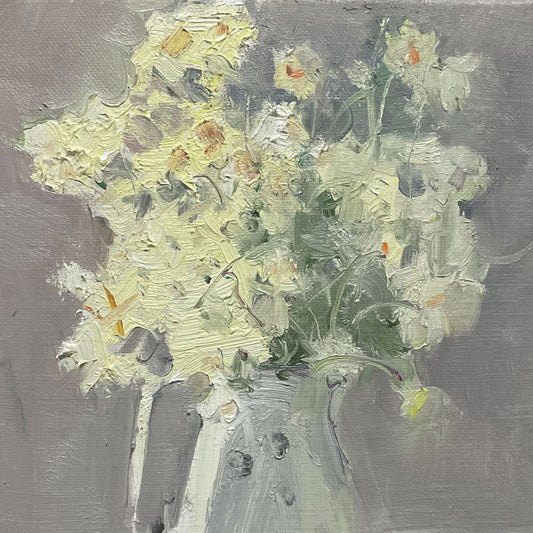 Soft Yellow Flowers in Ceramic Vase | Original Oil Painting