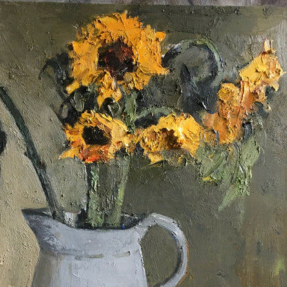 Original Sunflower Still Life Oil Painting – Floral Vase Wall Art