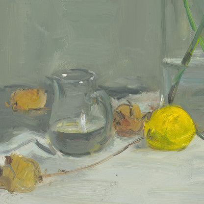 White Flowers in Glass Vase with Lemon | Original Oil Painting