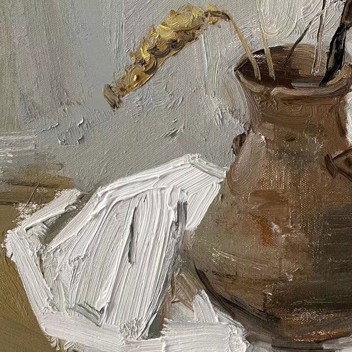 Original Minimal Still Life Oil Painting – Dried Grass in Ceramic Vase