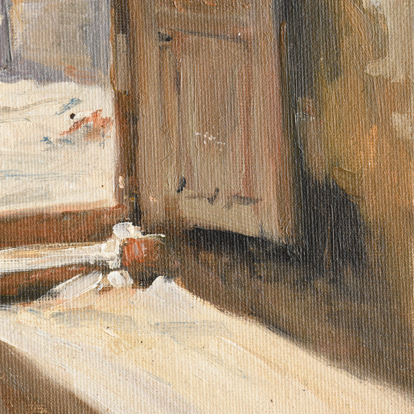 Original Oil Painting of a Sunlit Doorway – Interior Landscape Wall Art
