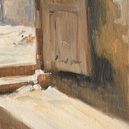Original Oil Painting of a Sunlit Doorway – Interior Landscape Wall Art
