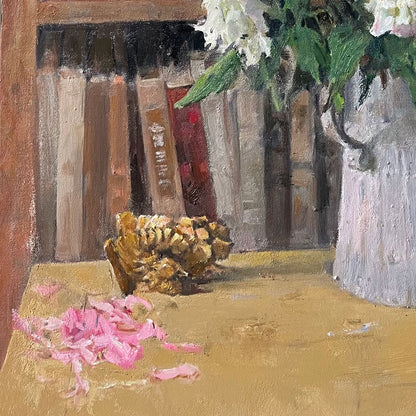 Original Floral Still Life Oil Painting – Flowers with Bookshelf Interior Wall Art