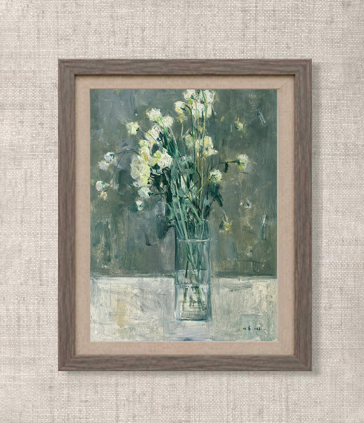 Original Green Lisianthus Still Life Oil Painting – Minimal Floral Vase Art