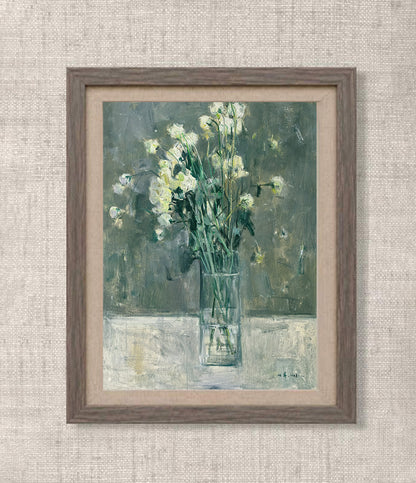 Original Green Lisianthus Still Life Oil Painting – Minimal Floral Vase Art