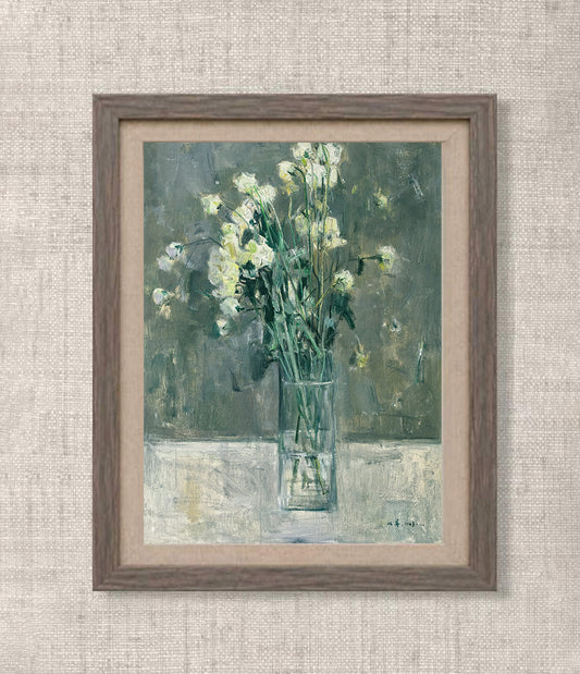 Original Green Lisianthus Still Life Oil Painting – Minimal Floral Vase Art
