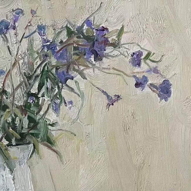 Still Life with Blue Flowers and Porcelain Jar | Original Oil Painting