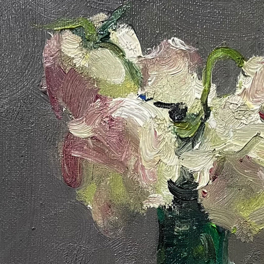 Soft Pink Flowers in Green Glass Bottle | Original Oil Painting