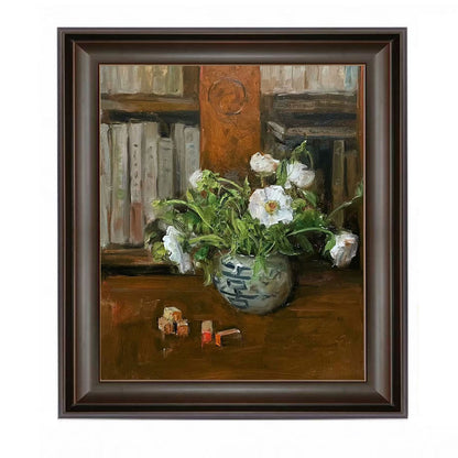 Original Floral Still Life Oil Painting – White Flowers and Bookshelf Interior Art