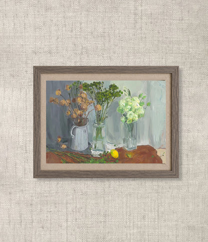 Flowers in Three Vases with Lemon | Original Still Life Oil Painting