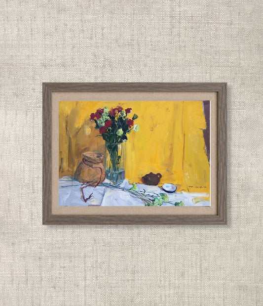 Red Flowers in Glass Vase | Original Still Life Oil Painting