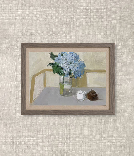 Still Life with Blue Hydrangeas and Glass Vase | Original Oil Painting
