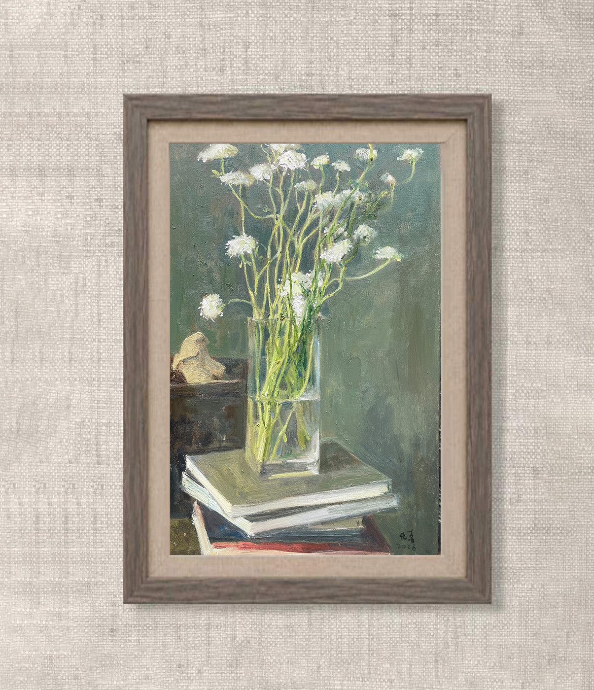 Still Life with White Flowers and Books | Original Oil Painting